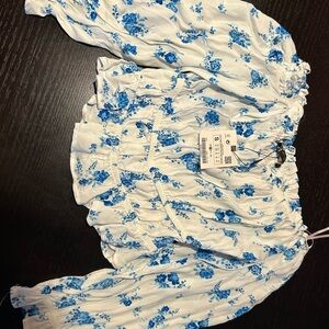 Zara White and Blue Floral Crop Top